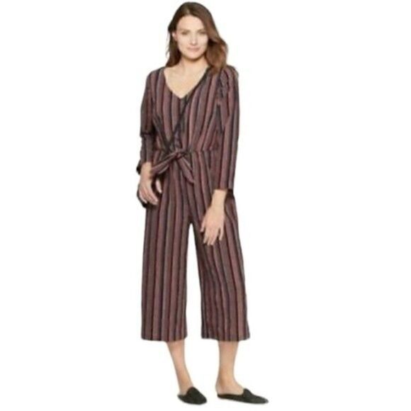 Nwt UNIVERSAL THREAD Striped Maroon Blue Long Sleeve Tie Front Jumpsuit XS - Picture 1 of 14